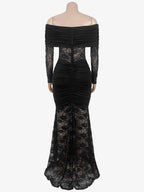 Off Shoulder Ruched Lace Sheer Panel Slim Fit Fishtail Long Gown For Women 2026