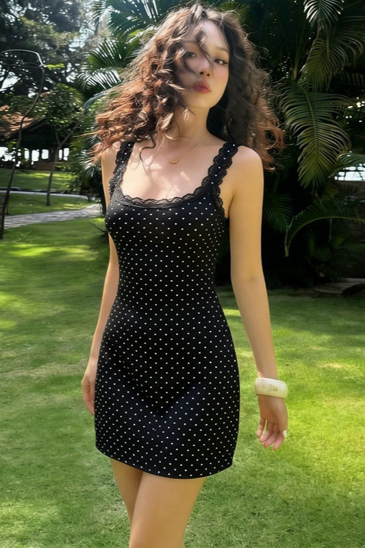 Scoop Neck Lace Trim Polka Dot Bodycon Mini Dress