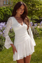 Lace Deep V-Neck Bell Sleeve Scalloped Hem Ruched Waist A-Line Mini Dress