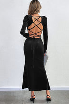 Velvet Square Neck Puff Shoulder Mermaid Hem Maxi Dress