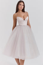 Ruched Sweetheart Pleated Bodice Tulle Layered Skirt Spaghetti Strap Midi Dress
