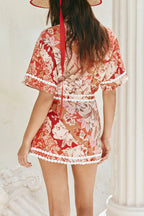 Floral Print Collared Short-sleeved Loose-fitting Shirt and Casual Floral Trim Mini Skirt Set