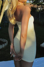 Beige Strapless Horizontal Stripe Ribbed Knit Bodycon Mini Dress