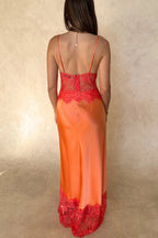 Fashionable Satin Lace Patchwork Sheer V-neck Elegant Slim-fit Maxi Dress