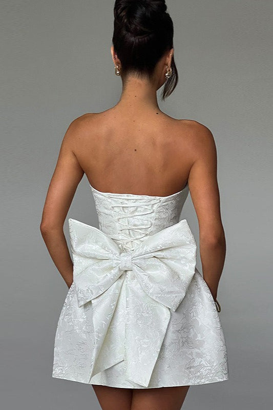 Jacquard Floral Strapless Bow Back Pocket A-Line Mini Dress