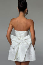 Jacquard Floral Strapless Bow Back Pocket A-Line Mini Dress