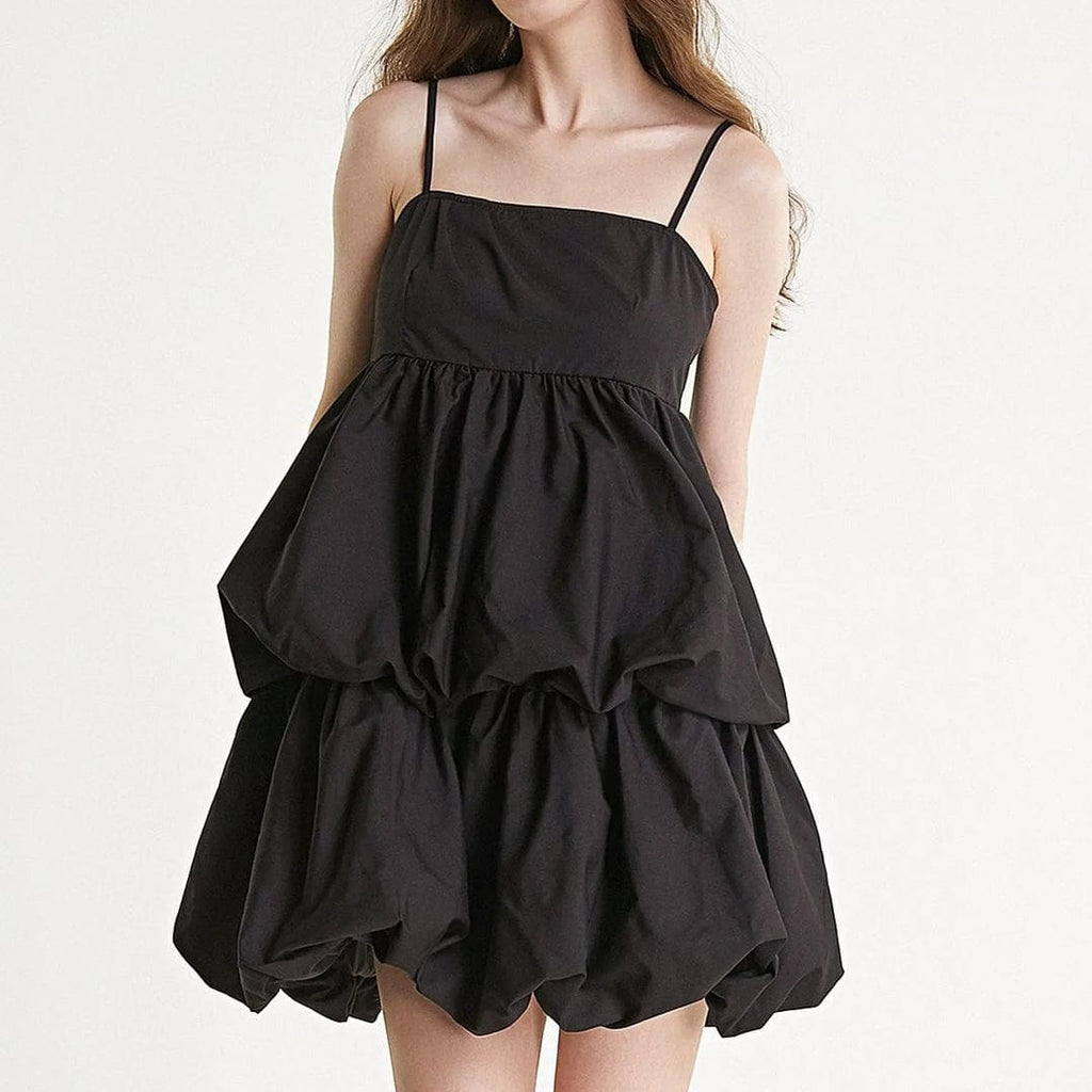 Spaghetti Strap Square Neck Tiered Bubble Hem Empire Waist Mini Dress