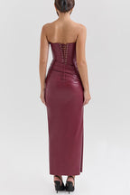 Strapless Sweetheart Ruched Faux Leather Bodycon Maxi Gown