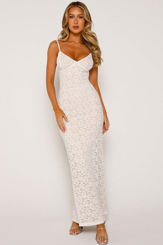 Floral Lace Sweetheart Spaghetti Strap Bodycon Maxi Dress