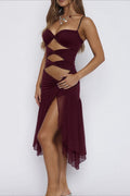 Red Spaghetti Strap Twist Front Multi Cut Out Ruched Sheer Ruffle Midi Dress