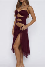 Red Spaghetti Strap Twist Front Multi Cut Out Ruched Sheer Ruffle Midi Dress
