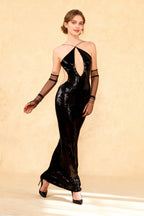 Halter Neck Keyhole Cut Out Side Waist Cut Out Sequin Floor Length Maxi Dress