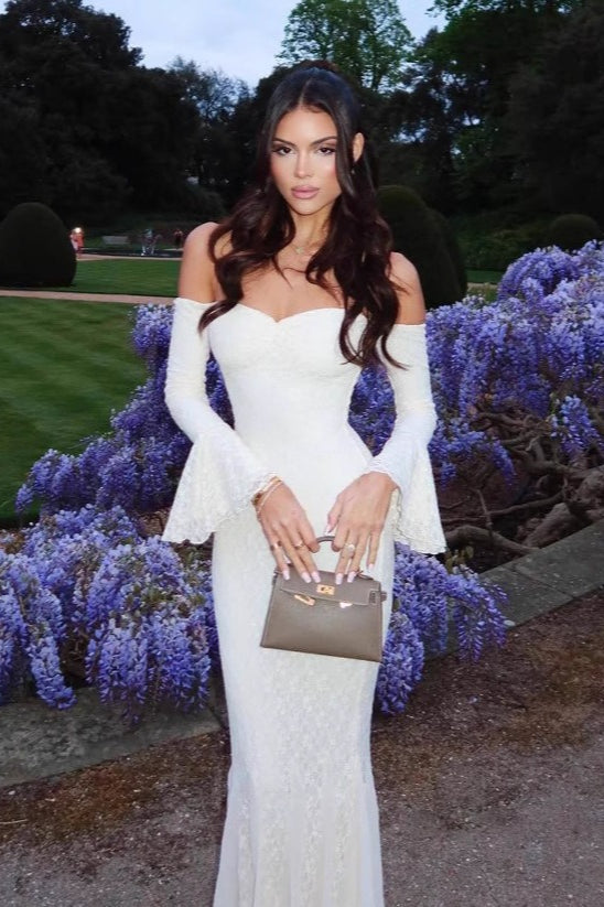 Strapless Lace Sweetheart Bell Sleeve Mermaid Maxi Gown