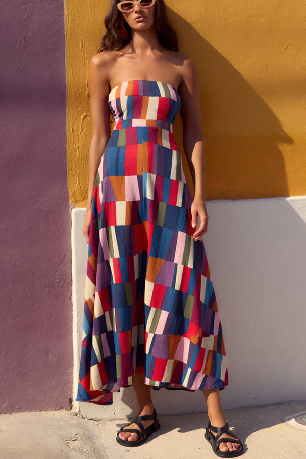 Retro Chic Linen Blend Colorful Color Block Strapless Back Smocked Midi Dress