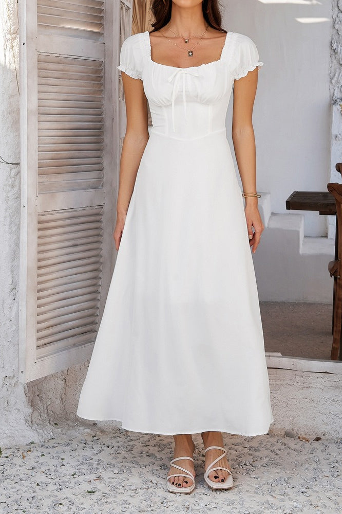 Off Shoulder Puff Sleeve Tie Front Corset Bodice A Line Midi Dress