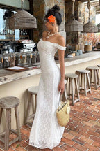 Lace Off Shoulder Sweetheart Ruffle Strap Column Maxi Dress