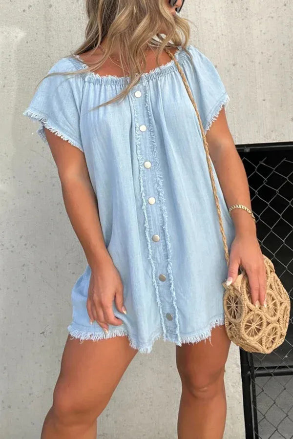 Off Shoulder Denim Button Front Frayed Trim Shift Mini Dress