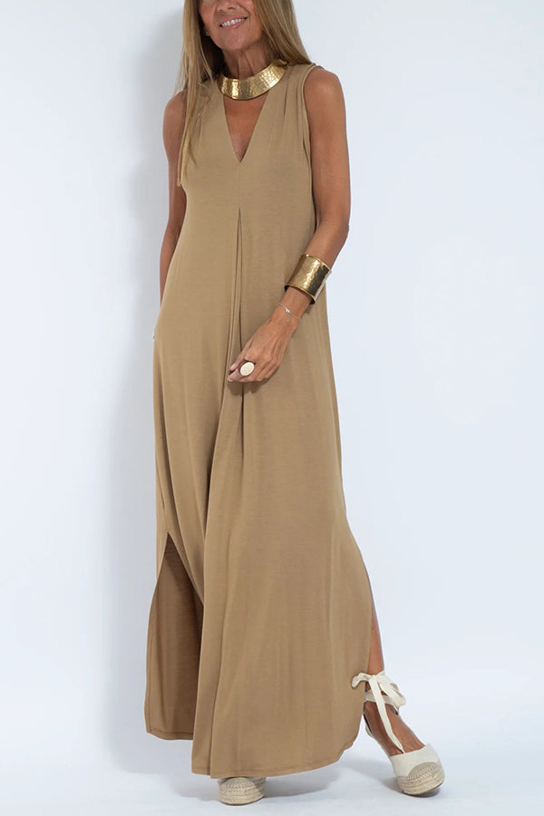 Deep V-Neck Center Pleat Sleeveless Flowy Maxi Dress