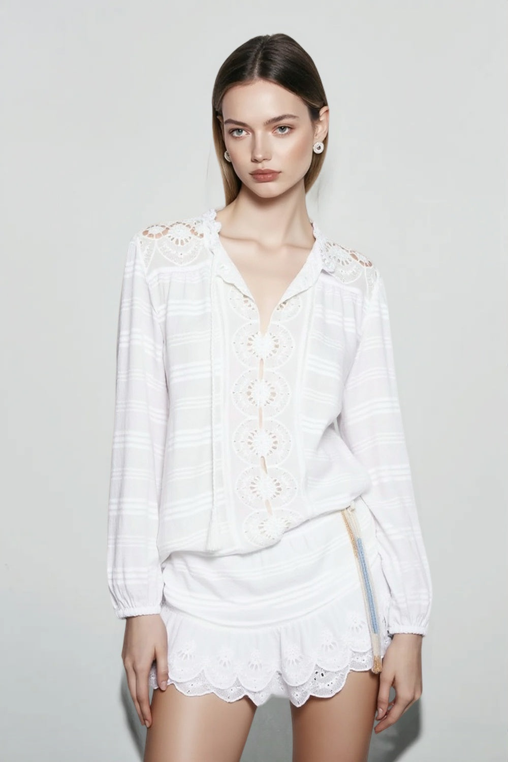 Lace Insert Tassel Tie Peasant Blouse Ruffle Hem Shorts Two Piece Set