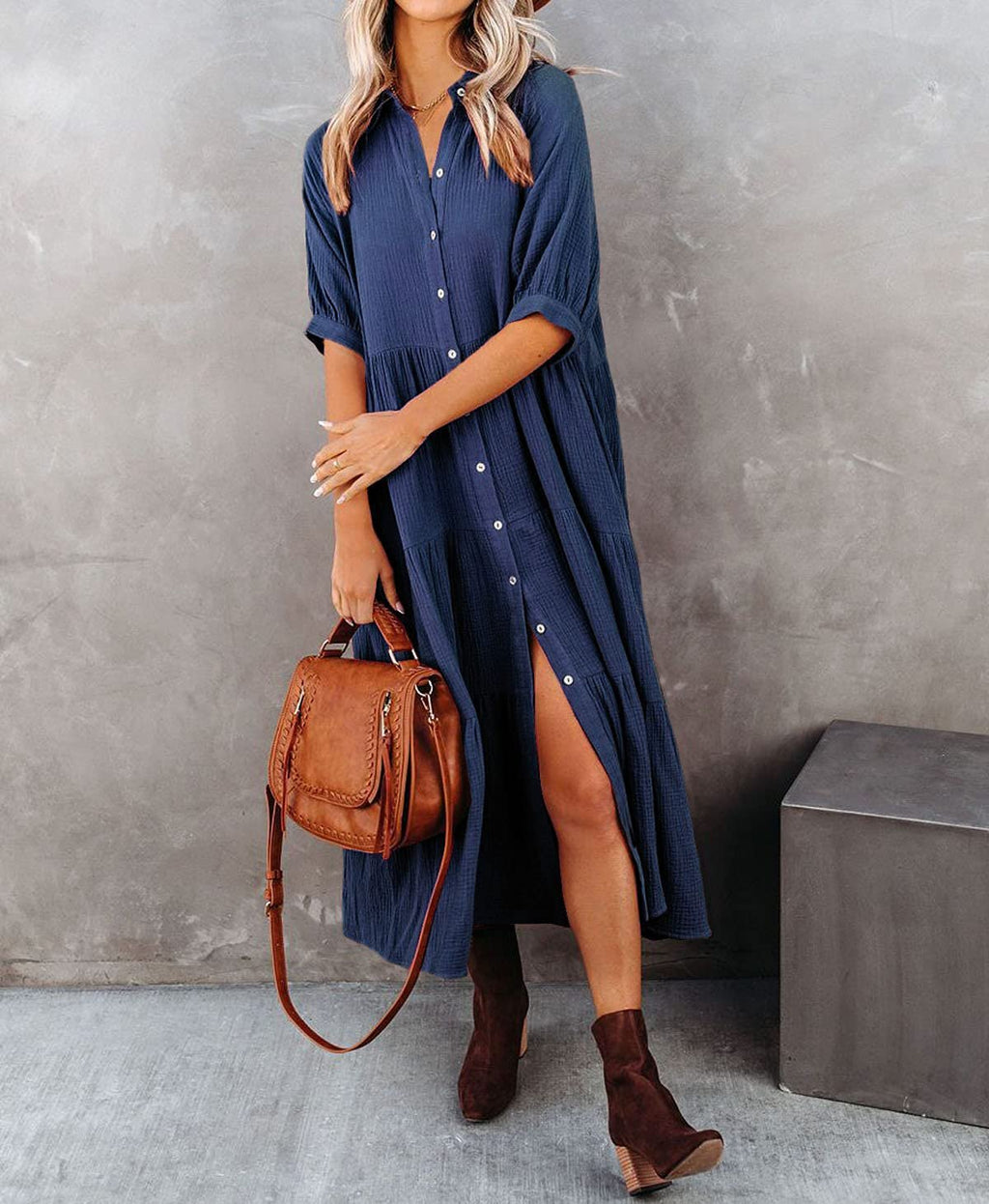 Gauze Button Front Collar Half Sleeve Tiered Pocket Midi Dress