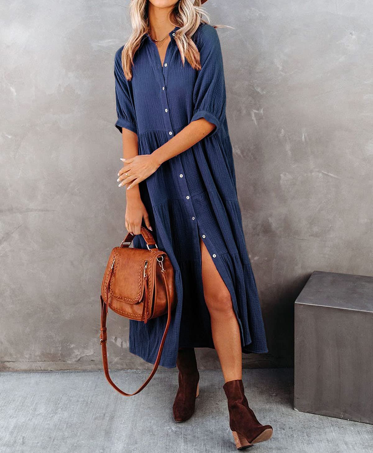 Gauze Button Front Collar Half Sleeve Tiered Pocket Midi Dress