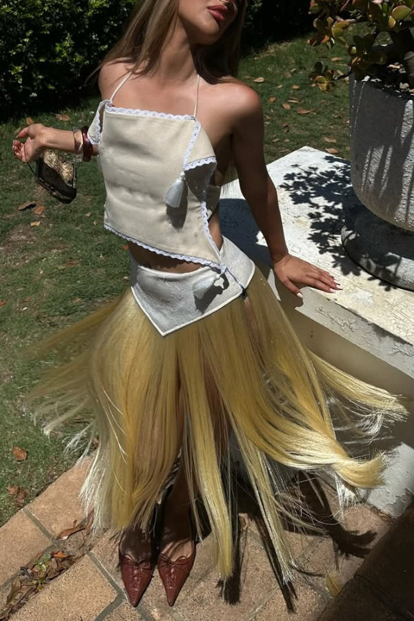Stylish Halter Neck Lace Up Tassel Pendant Backless Top