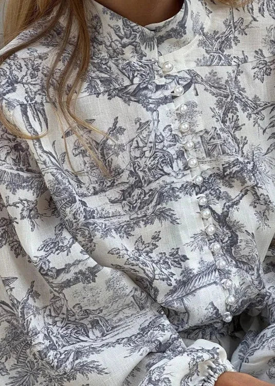 Mock Neck Puff Sleeve Toile Print Button Front Tie Waist Mini Dress