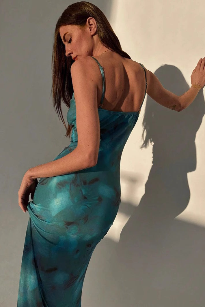 Green Cowl Neck Spaghetti Strap Abstract Marble Print Sheer Hem Midi Dress