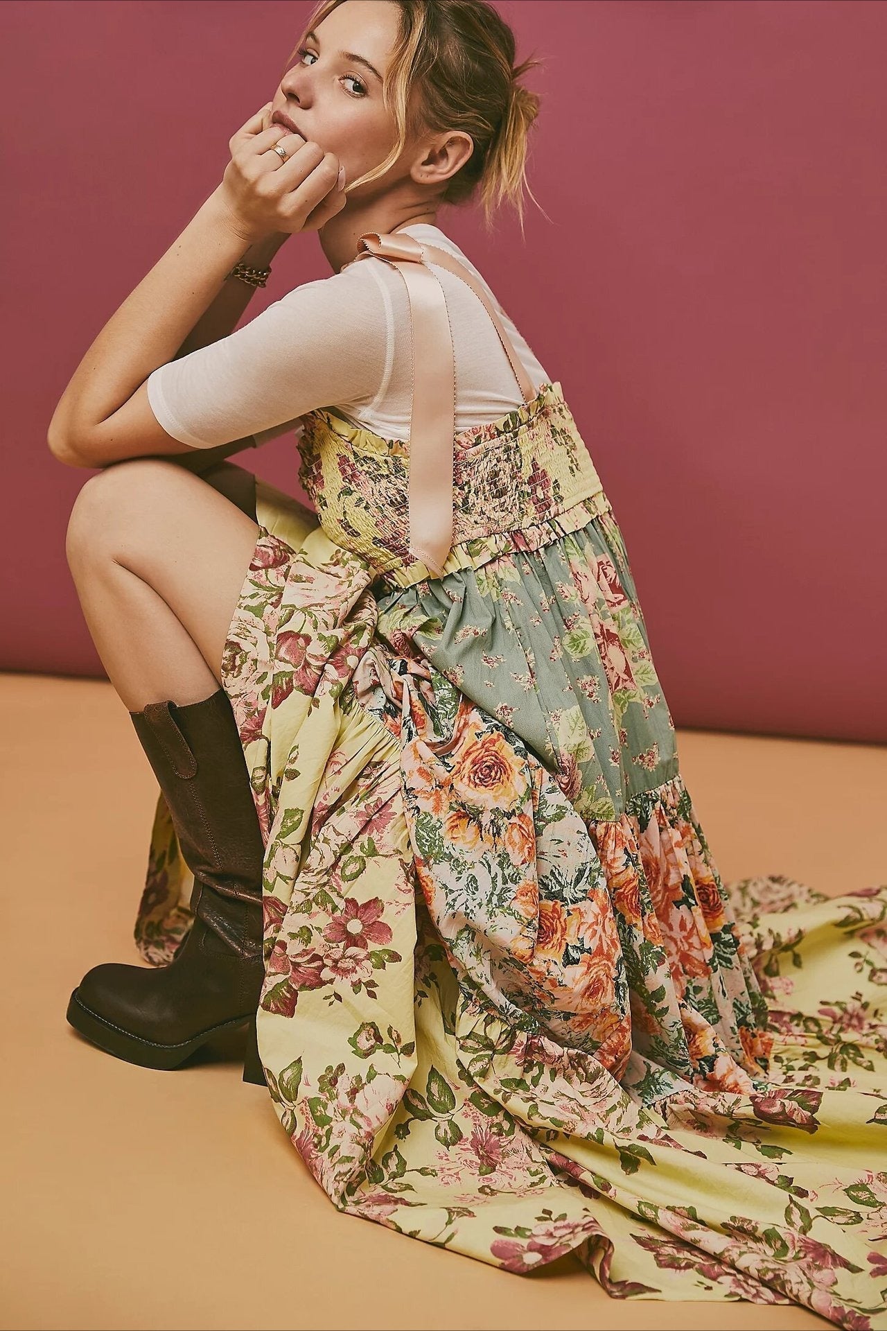Smocked Sweetheart Bow Shoulder Strap Patchwork Floral Tiered Maxi Dress