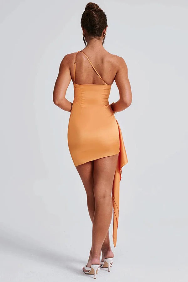 Rhoda Statement Slim Fit Backless One Shoulder Satin Mini Dress Occasion Edit