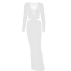 Long sleeve solid v neck hollow out self tie maxi dress