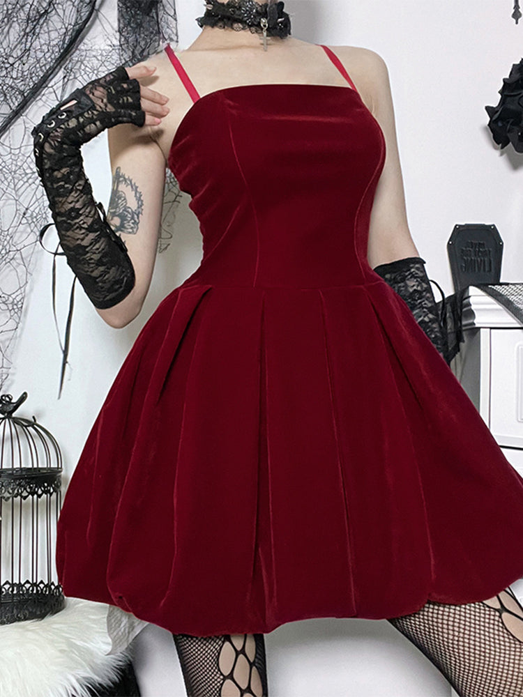 Velvet Square Neck Spaghetti Strap Pleated Bubble Hem Mini Dress