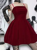 Velvet Square Neck Spaghetti Strap Pleated Bubble Hem Mini Dress