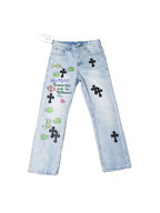 Hand Drawn Graffiti Leather Cross Boyfriend Jeans