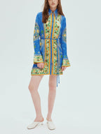 Scarf Print Bell Cuff Collar Button Front Tie Waist Shirt Mini Dress