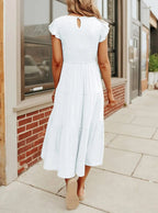 Smocked Bodice Flutter Sleeve Tiered A-Line Midi Dress