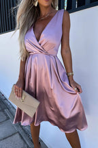 Satin Wrap V-Neck Ruched Waist Fit and Flare Midi Dress