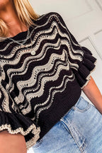 Beige Stripe Wavy Crochet Eyelet Detail Ruffle Half Sleeve Sweater