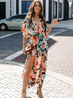 Deep V Neck Tropical Floral Maxi Dress for Women - Multi Print Split Hem Boho Dress - Summer Beach Vacation 2026