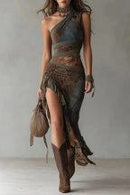 Unique Patchwork Print One-shoulder Sleeveless Fitted Asymmetrical Maxi Dress