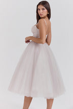 Ruched Sweetheart Pleated Bodice Tulle Layered Skirt Spaghetti Strap Midi Dress