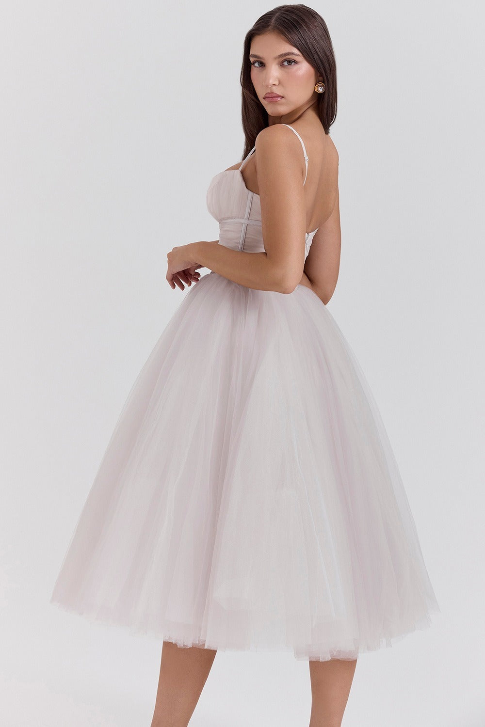 Ruched Sweetheart Pleated Bodice Tulle Layered Skirt Spaghetti Strap Midi Dress