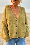| Solid color loose long sleeve knitted sweater with V-neck and pocket