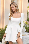 Pearl Trim Square Neck Long Sleeve Box Pleat Fit and Flare Mini Dress