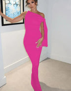 High Neck Sleeveless Draped Shoulder Sash Column Maxi Dress