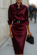 Solid Color Satin Lapel Long Sleeve Elegant Slim-fit Midi Dress