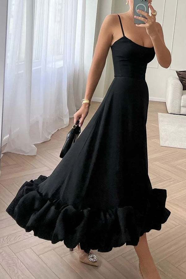 Spaghetti Strap Scoop Neck Ruffled Flounce Hem A-Line Maxi Dress