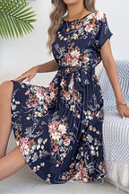 Floral Print Round Neck Fitted Waist Tie Pleated Midi Dress