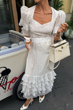 Polka Dot Puff Sleeve Ruffle Cuff Tiered Ruffle Midi Dress