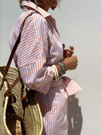 Vertical Stripe Long Sleeve Button Down Side Slit Midi Shirt Dress